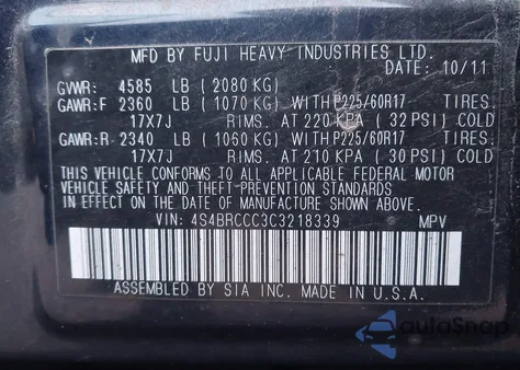 2012 Subaru Outback 2.5I Premium from USA, damaged, VIN 4S4BRCCC3C3218339